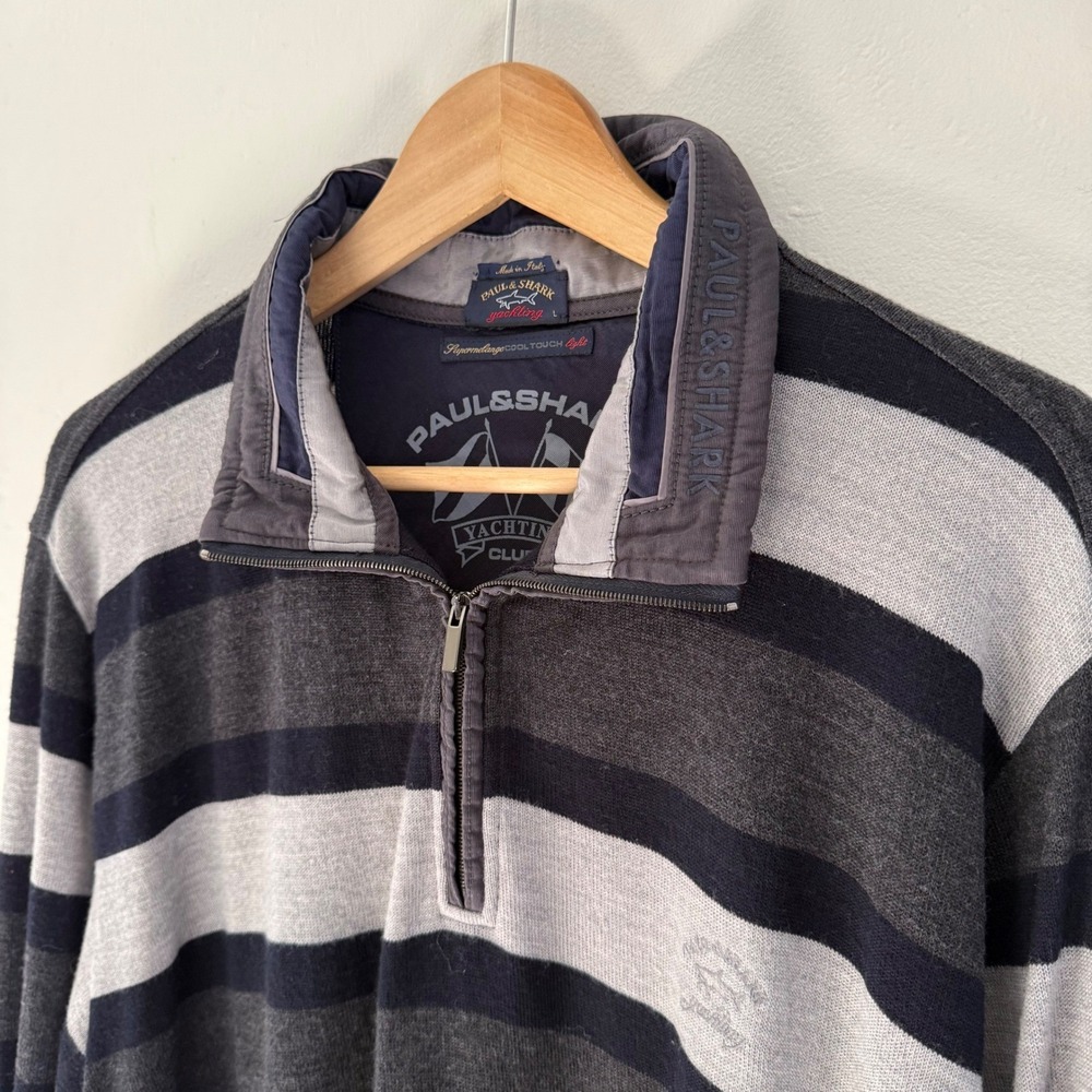 Paul & Shark Yachting Multi Striped 100% Wool Long Sleeve Polo Shirt Size Large‎